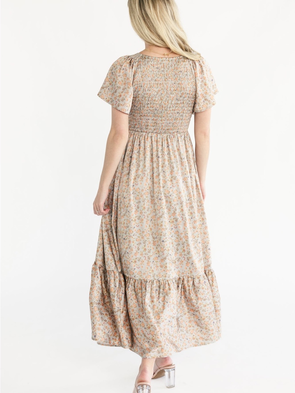 Floral Smocked Flutter-Sleeve Maxi Dress - Sage Beige Floral (Large NWT) - Picture 4 of 4